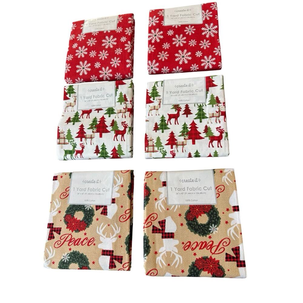 Lot 6 Christmas Fabric 1 Yard Cotton Snowflake Deer Trees Peace Holiday Sewing